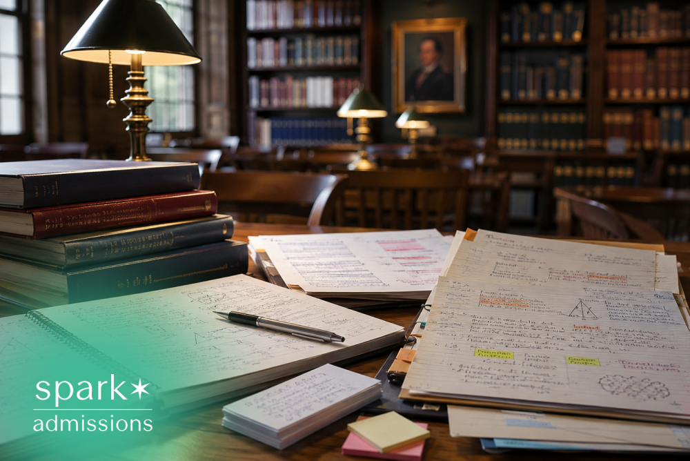 College essay drafts and revision notes on a library table with study books